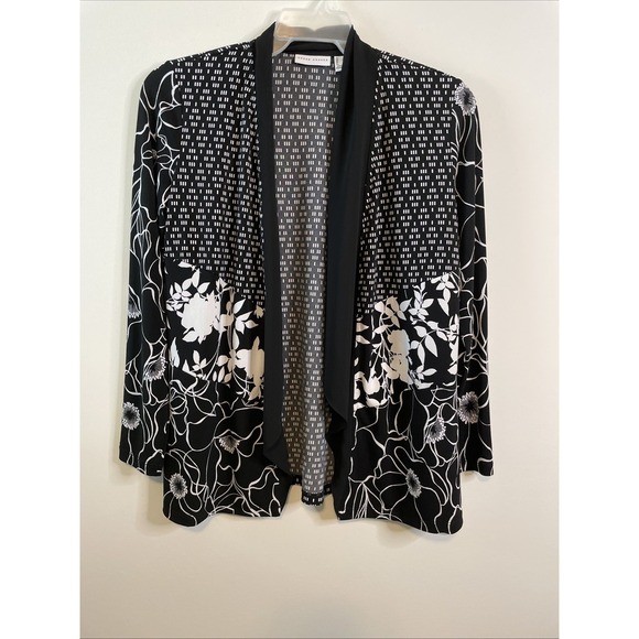 Susan Graver Sweaters - Susan Graver Small Black White Floral Open Front Cardigan Top Career